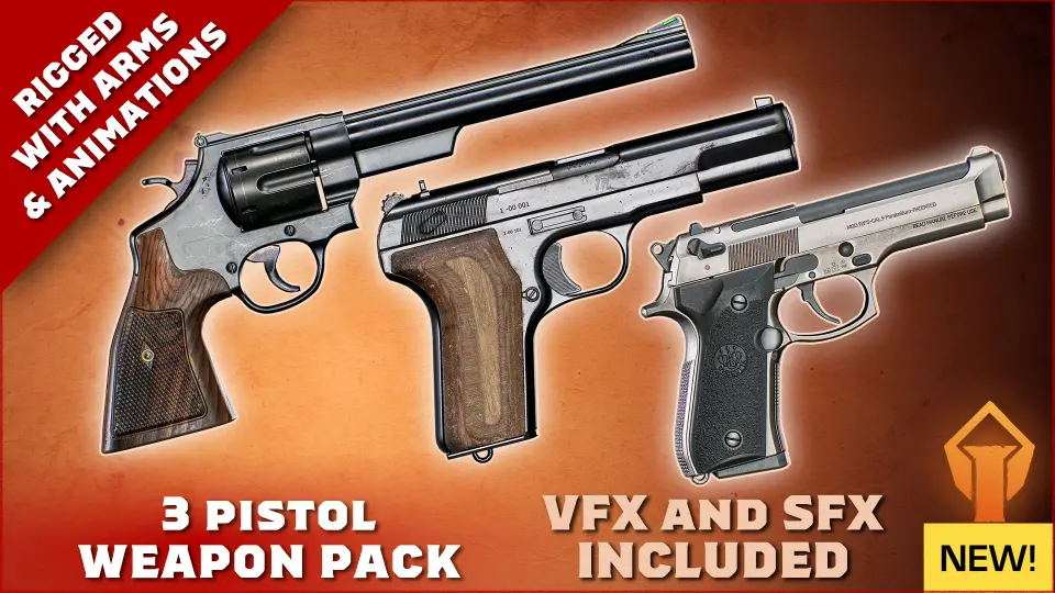 Animated FPS Loaded 3-Pistol Guns Pack
