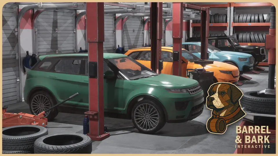 Tire Repair Shop Environment with 4 Driveable Cars