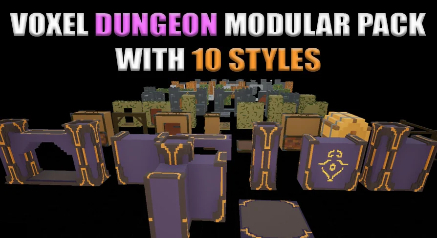 Voxel Dungeon Modular Pack With 10 Styles and many small props