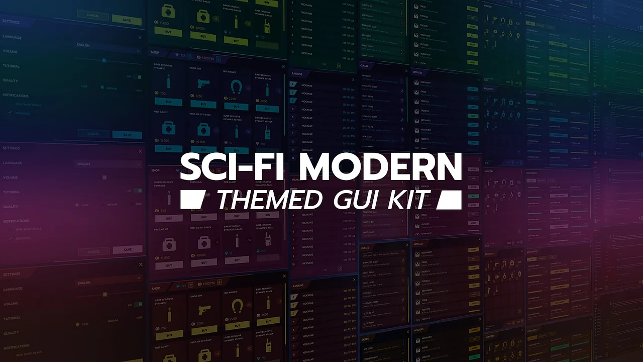 Scifi / Modern flat themed GUI / UI kit - 6 themes + PSD, AI sources