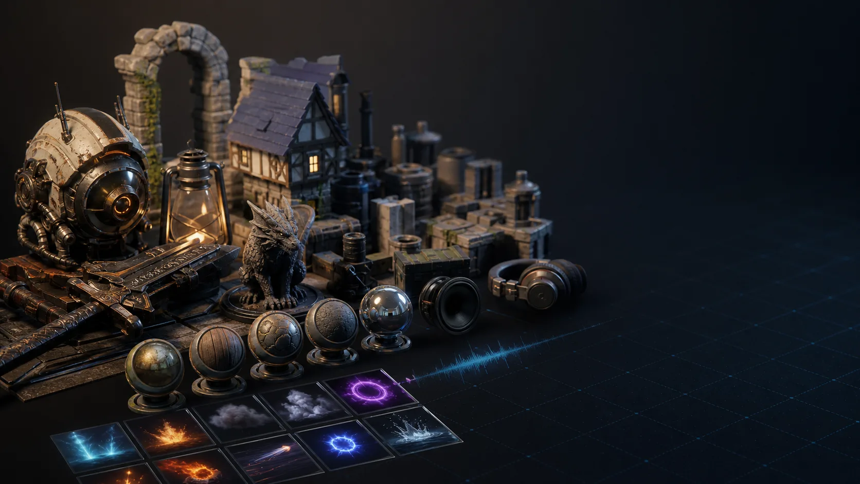 Curated 3D props, materials, audio, and VFX resource preview
