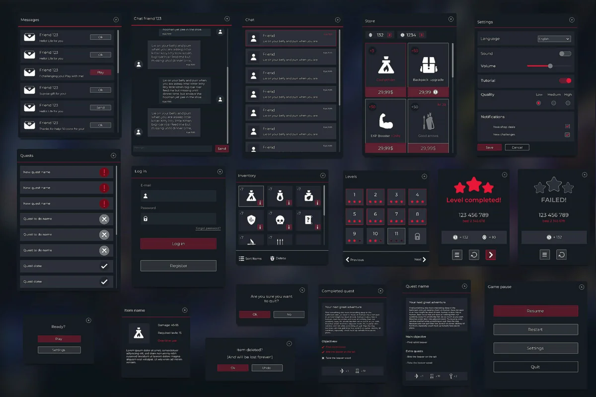 Flat Dark Themed GUI / UI Kit – over 600 PNG ! asset