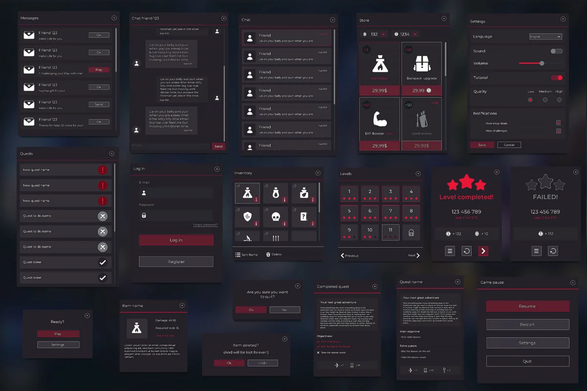 Flat Dark Themed GUI / UI Kit – over 600 PNG ! asset