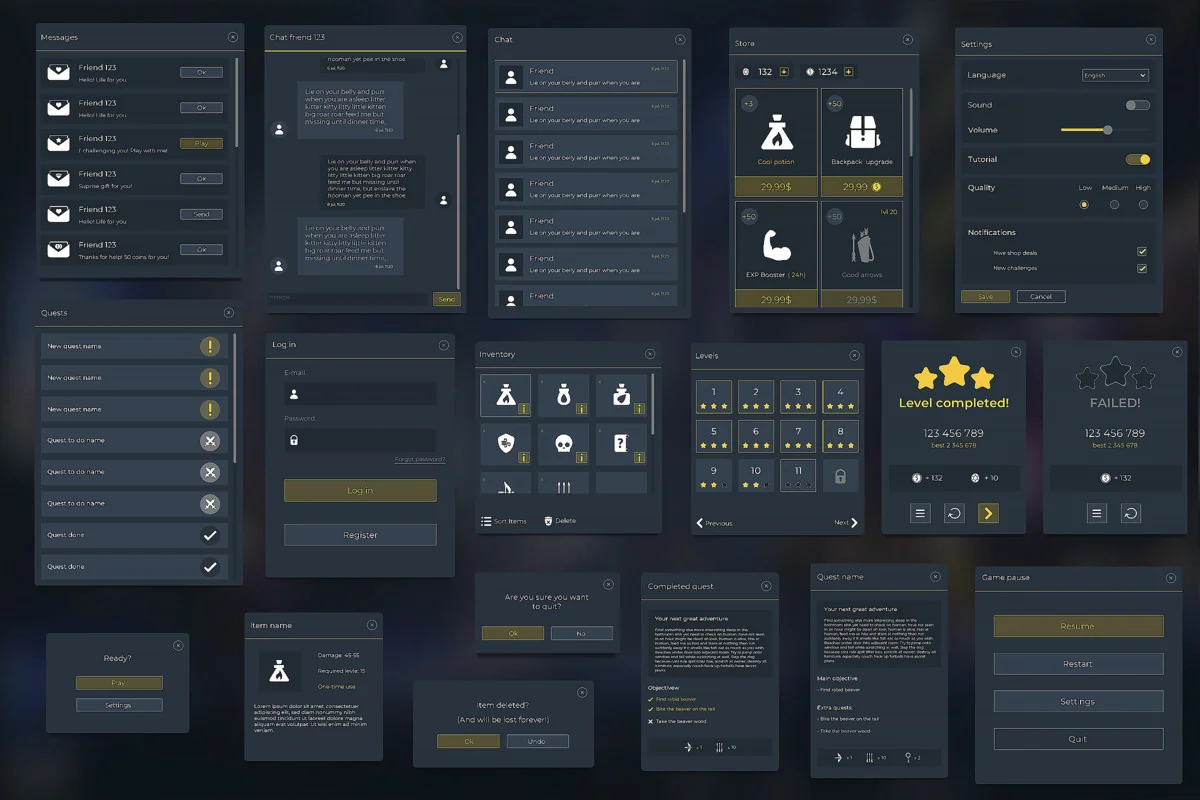 Flat Dark Themed GUI / UI Kit – over 600 PNG ! asset