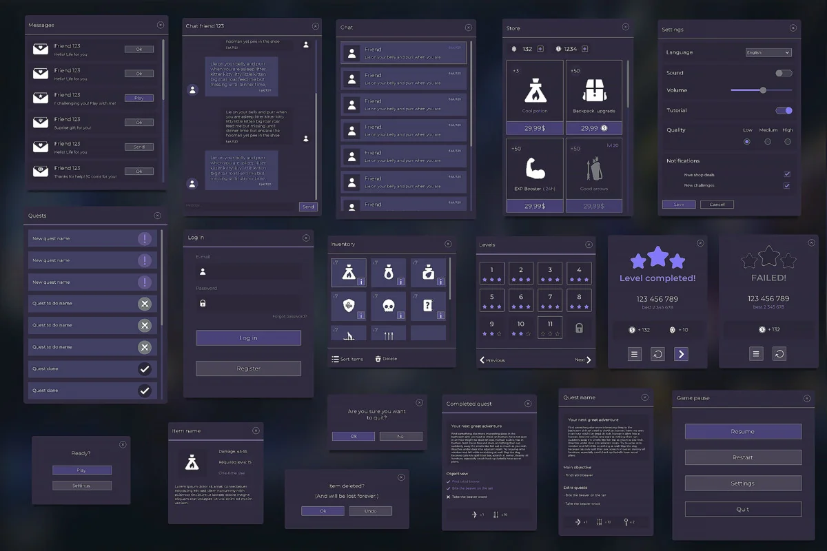 Flat Dark Themed GUI / UI Kit – over 600 PNG ! asset