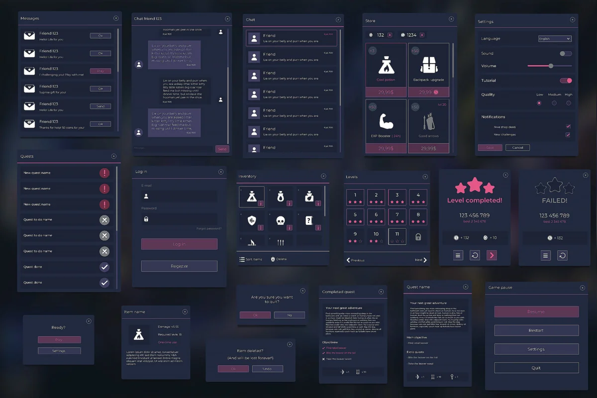 Flat Dark Themed GUI / UI Kit – over 600 PNG ! asset