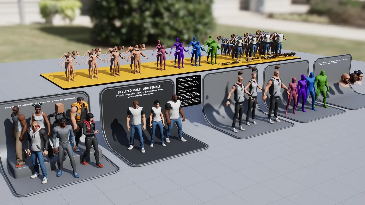Stylized Male and Female characters, with assets and UI