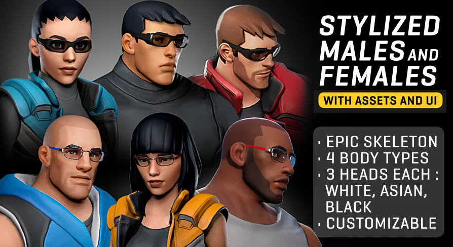 Stylized Male and Female characters, with assets and UI