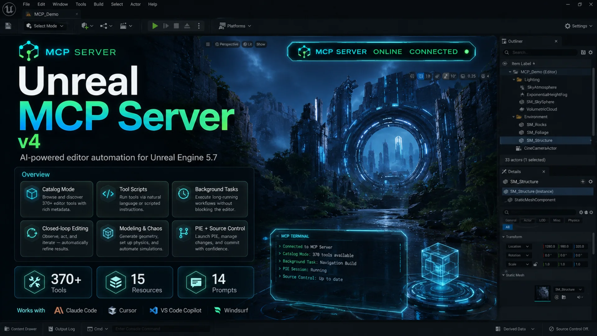 Unreal MCP Server — 370+ AI Tools for UE5 Editor Automation via MCP