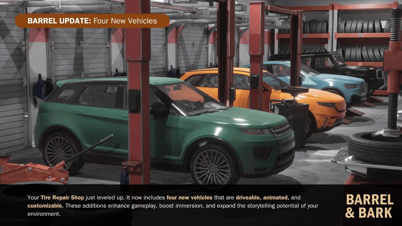 Tire Repair Shop Environment with 4 Driveable Cars
