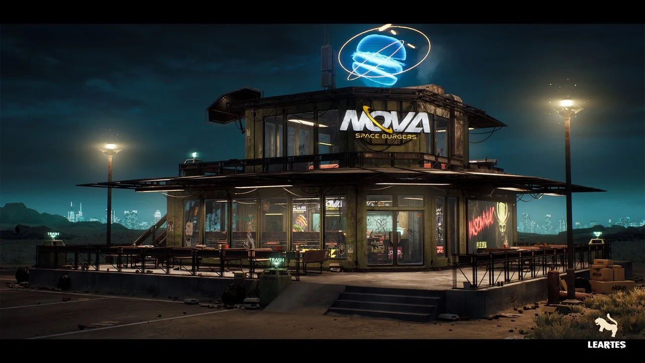 Nova Space Burgers / Cyberpunk Abandoned Restaurant / Space Bar Cyberpunk Art